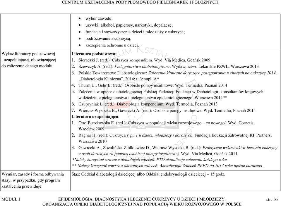 1. Sieradzki J. (red.): Cukrzyca kompendium. Wyd. Via Medica, Gdańsk 2009 2. Szewczyk A. (red.): Pielęgniarstwo diabetologiczne. Wydawnictwo Lekarskie PZWL, Warszawa 2013 3.