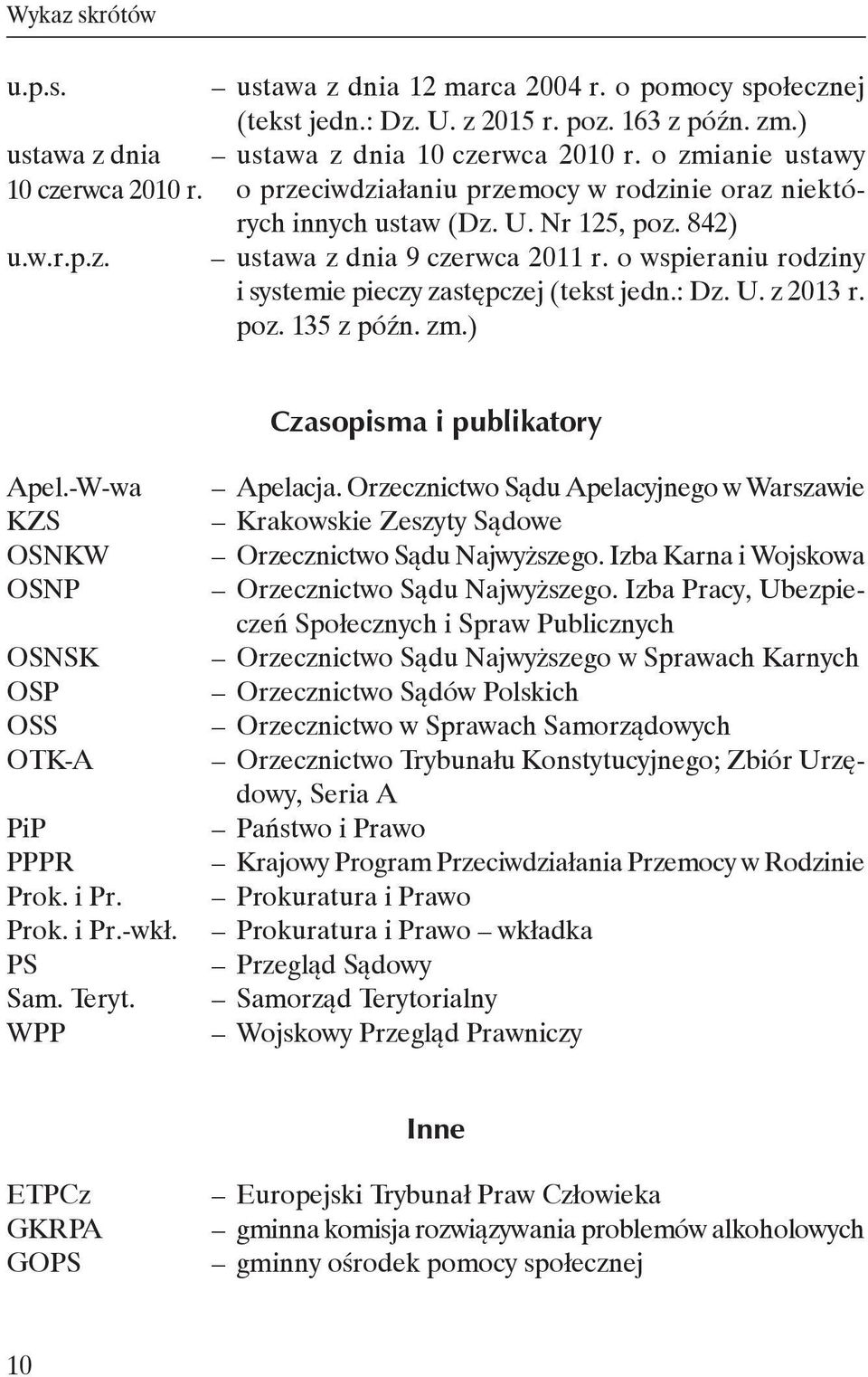 o wspieraniu rodziny i systemie pieczy zastępczej (tekst jedn.: Dz. U. z 2013 r. poz. 135 z późn. zm.) Czasopisma i publikatory Apel.-W-wa KZS OSNKW OSNP OSNSK OSP OSS OTK-A PiP PPPR Prok. i Pr. Prok. i Pr.-wkł.