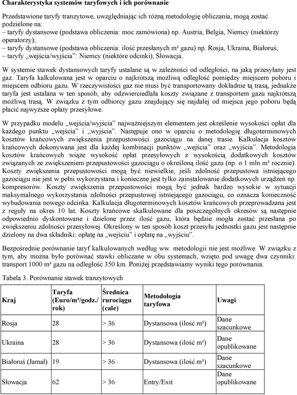 Rosja, Ukraina, Białoruś; taryfy wejścia/wyjścia : Niemcy (niektóre odcinki), Słowacja. W systemie stawek dystansowych taryfy ustalane są w zależności od odległości, na jaką przesyłany jest gaz.