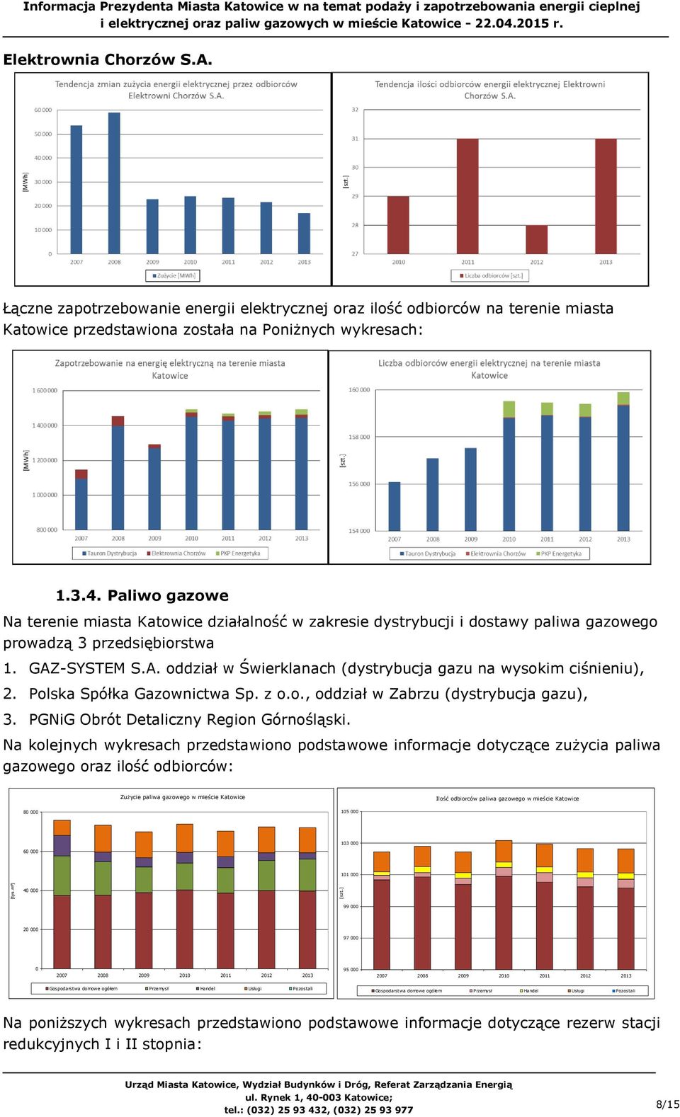 -SYSTEM S.A. oddział w Świerklanach (dystrybucja gazu na wysokim ciśnieniu), 2. Polska Spółka Gazownictwa Sp. z o.o., oddział w Zabrzu (dystrybucja gazu), 3. PGNiG Obrót Detaliczny Region Górnośląski.