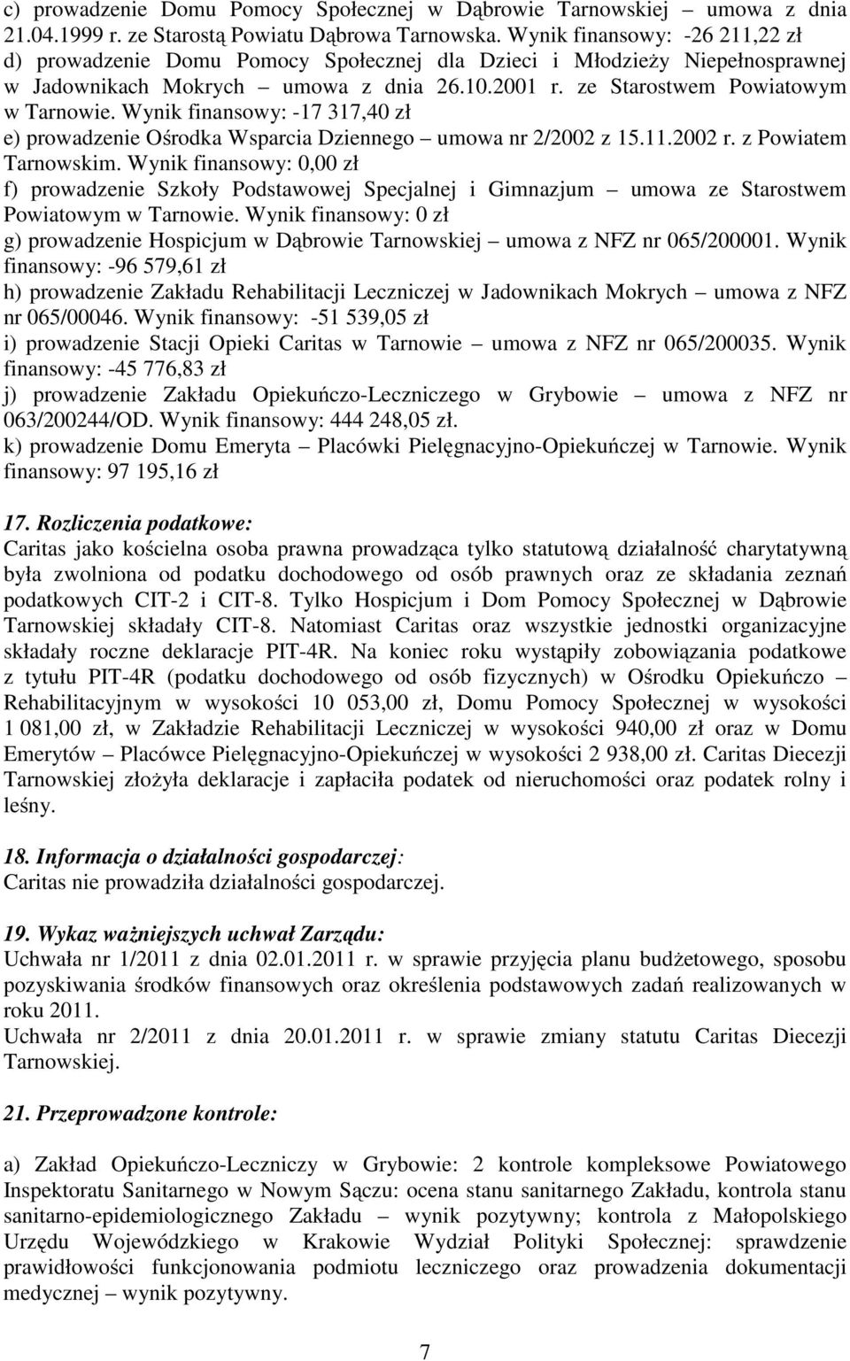 Wynik finansowy: -17 317,40 zł e) prowadzenie Ośrodka Wsparcia Dziennego umowa nr 2/2002 z 15.11.2002 r. z Powiatem Tarnowskim.