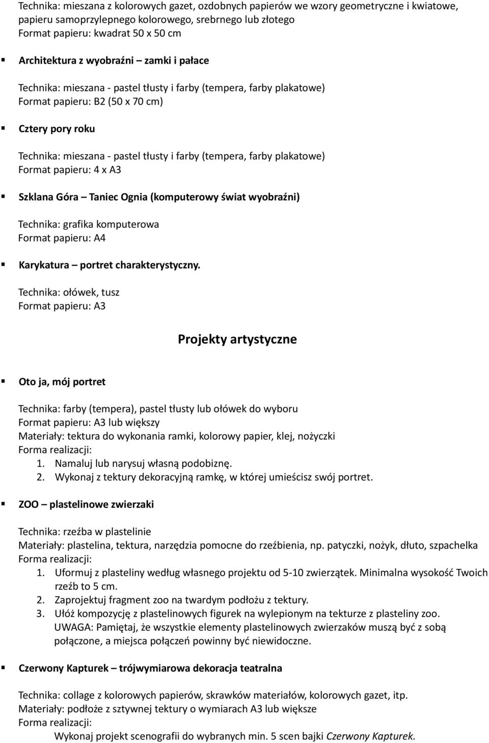 farby plakatowe) Format papieru: 4 x A3 Szklana Góra Taniec Ognia (komputerowy świat wyobraźni) Technika: grafika komputerowa Format papieru: A4 Karykatura portret charakterystyczny.