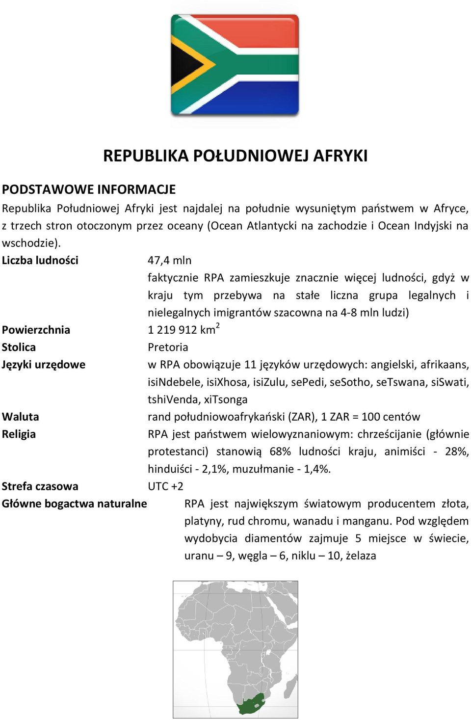 Liczba ludności 47,4 mln faktycznie RPA zamieszkuje znacznie więcej ludności, gdyż w kraju tym przebywa na stałe liczna grupa legalnych i nielegalnych imigrantów szacowna na 4-8 mln ludzi)
