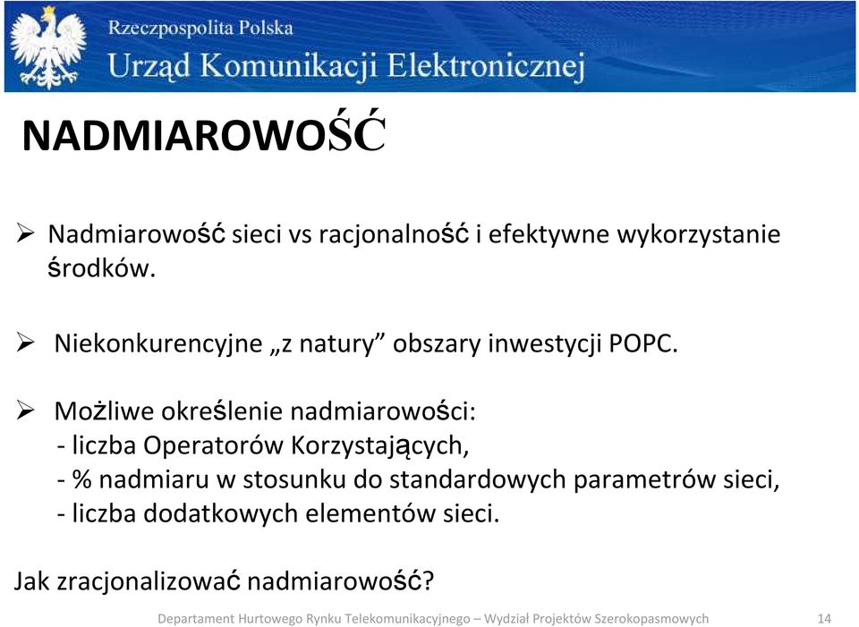 Możliwe określenie nadmiarowości: - liczba Operatorów Korzystających, -% nadmiaru w