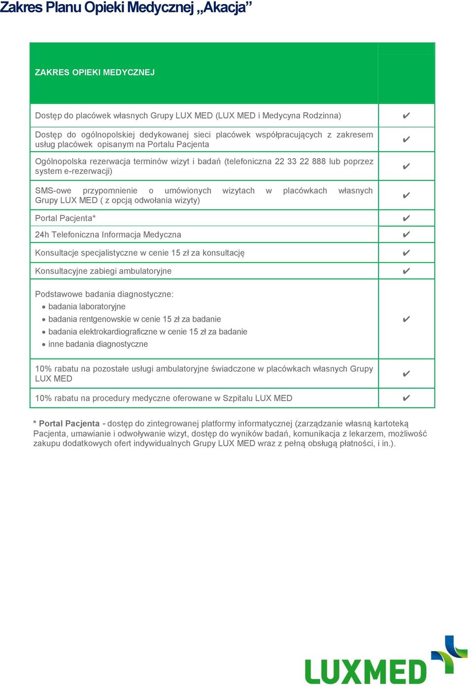 przypomnienie o umówionych wizytach w placówkach własnych Grupy LUX MED ( z opcją odwołania wizyty) Portal Pacjenta* 24h Telefoniczna Informacja Medyczna Konsultacje specjalistyczne w cenie 15 zł za