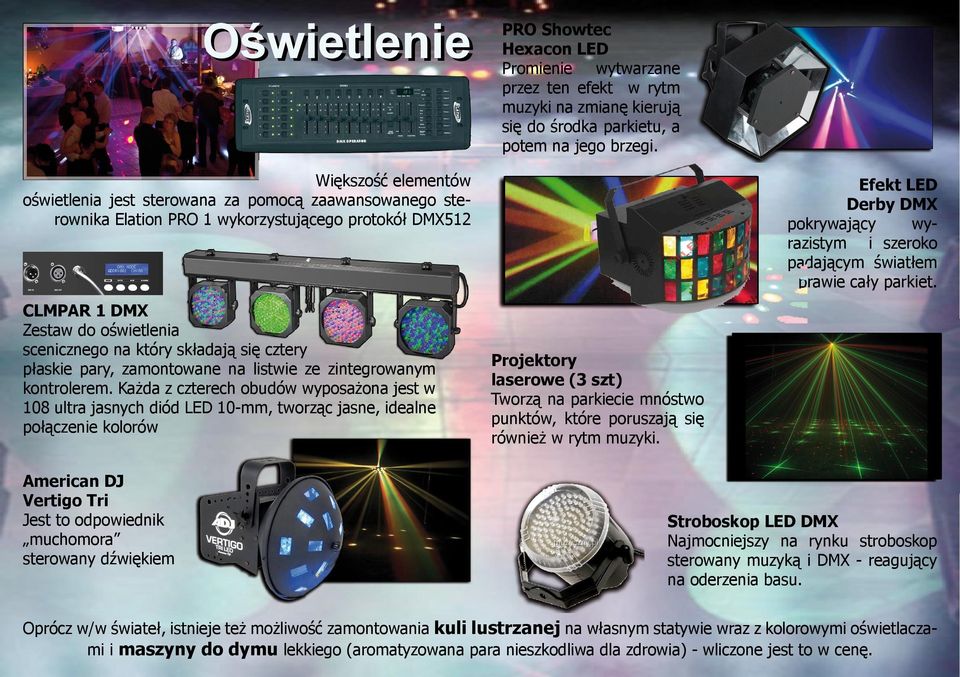 Każda z czterech obudów wyposażona jest w 108 ultra jasnych diód LED 10-mm, tworząc jasne, idealne połączenie kolorów PRO Showtec Hexacon LED Promienie wytwarzane przez ten efekt w rytm muzyki na
