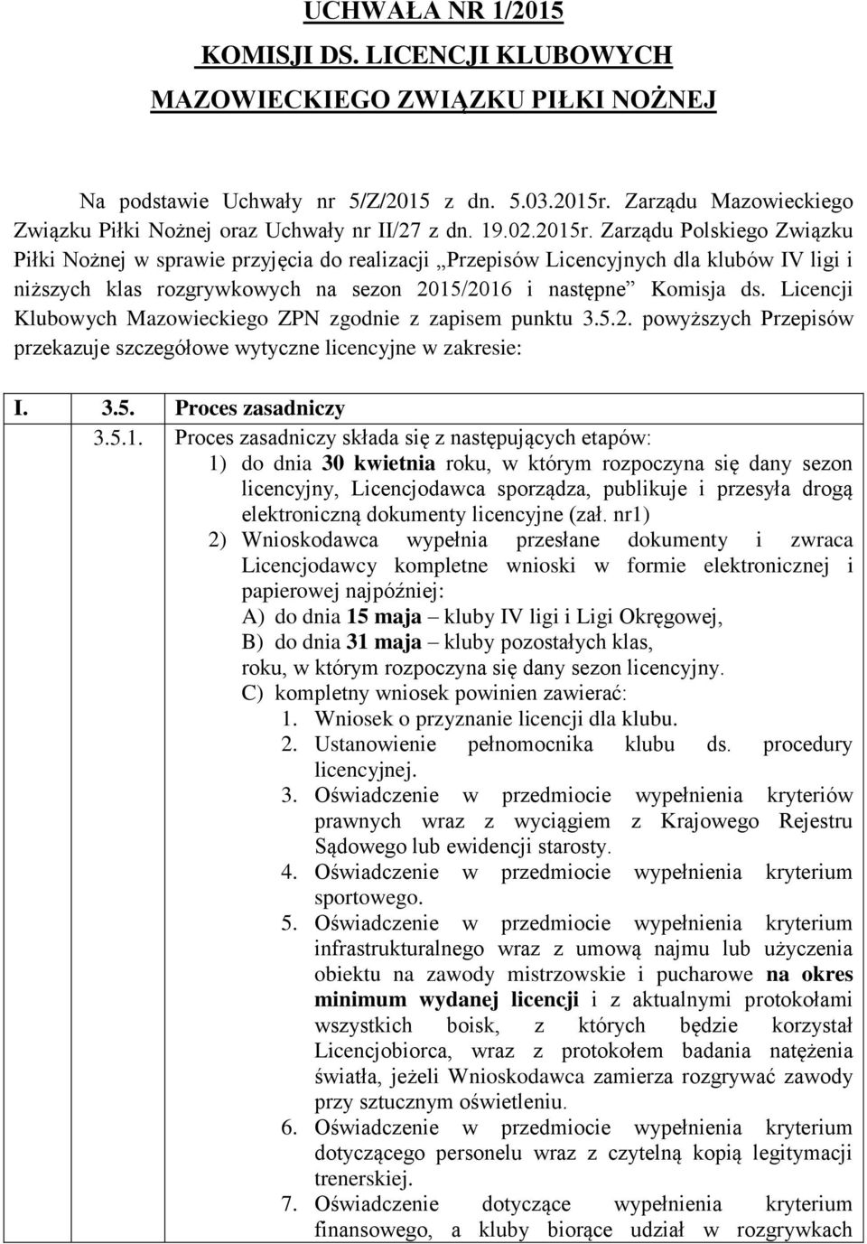 Zarządu Polskiego Związku Piłki Nożnej w sprawie przyjęcia do realizacji Przepisów Licencyjnych dla klubów IV ligi i niższych klas rozgrywkowych na sezon 2015/2016 i następne Komisja ds.