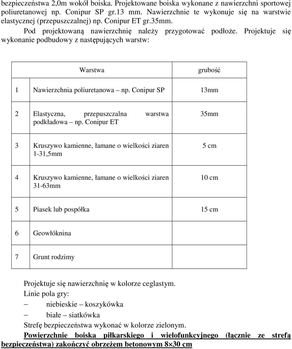 Projektuje się wykonanie podbudowy z następujących warstw: Warstwa grubość 1 Nawierzchnia poliuretanowa np. Conipur SP 13mm 2 Elastyczna, przepuszczalna warstwa podkładowa np.