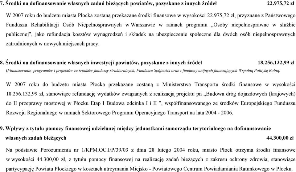 składek na ubezpieczenie społeczne dla dwóch osób niepełnosprawnych zatrudnionych w nowych miejscach pracy. 8. Środki na dofinansowanie własnych inwestycji powiatów, pozyskane z innych źródeł 18.256.