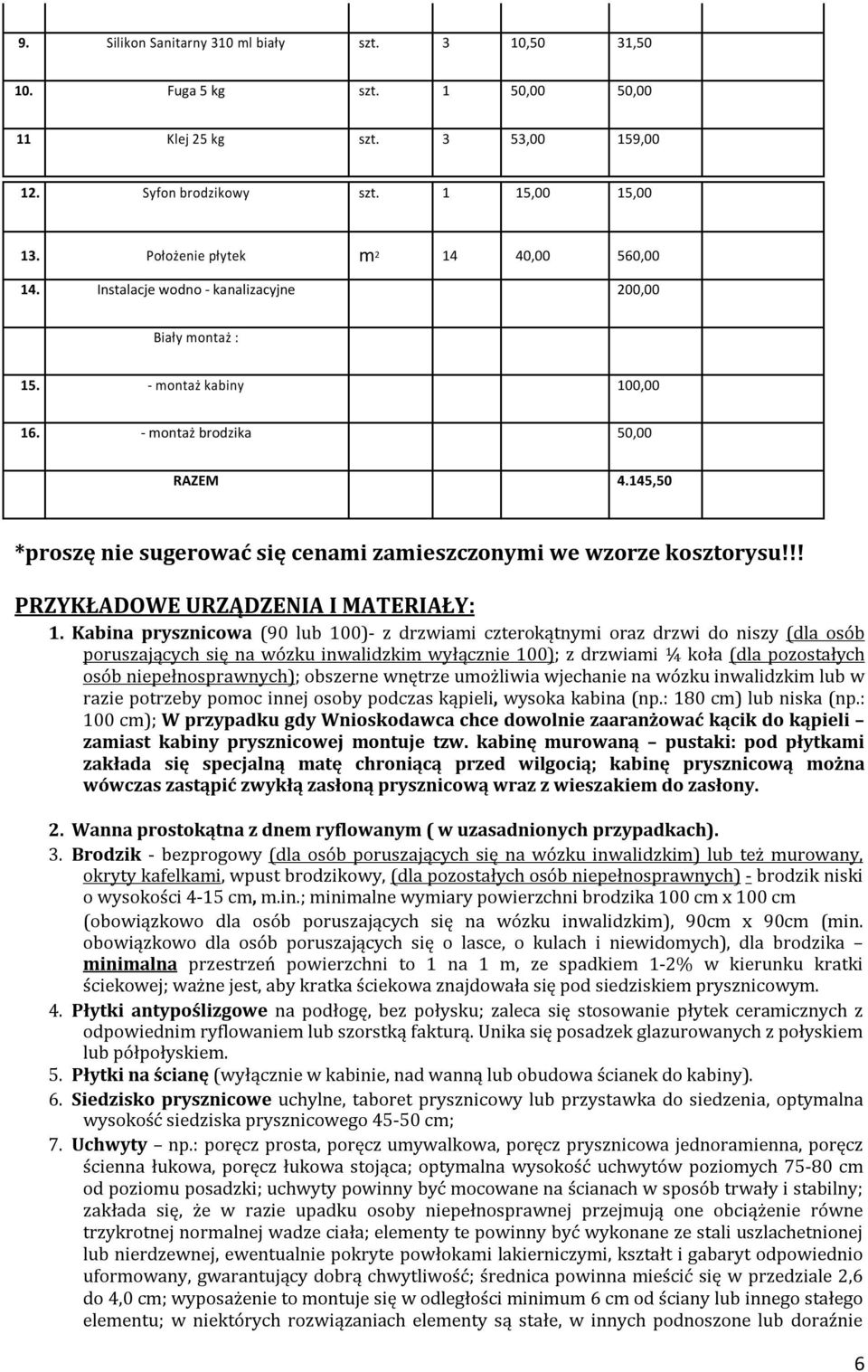 145,50 *proszę nie sugerować się cenami zamieszczonymi we wzorze kosztorysu!!! PRZYKŁADOWE URZĄDZENIA I MATERIAŁY: 1.