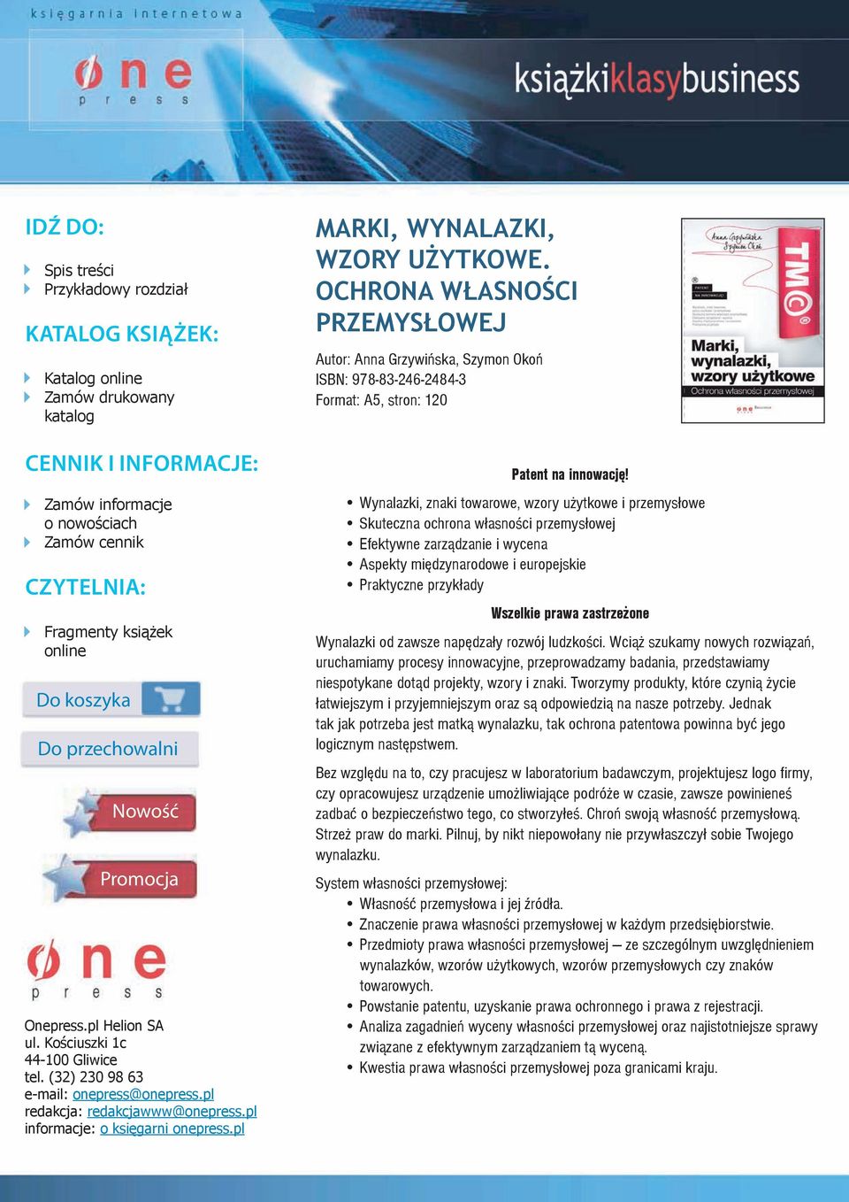 pl informacje: o księgarni onepress.pl MARKI, WYNALAZKI, WZORY UŻYTKOWE.