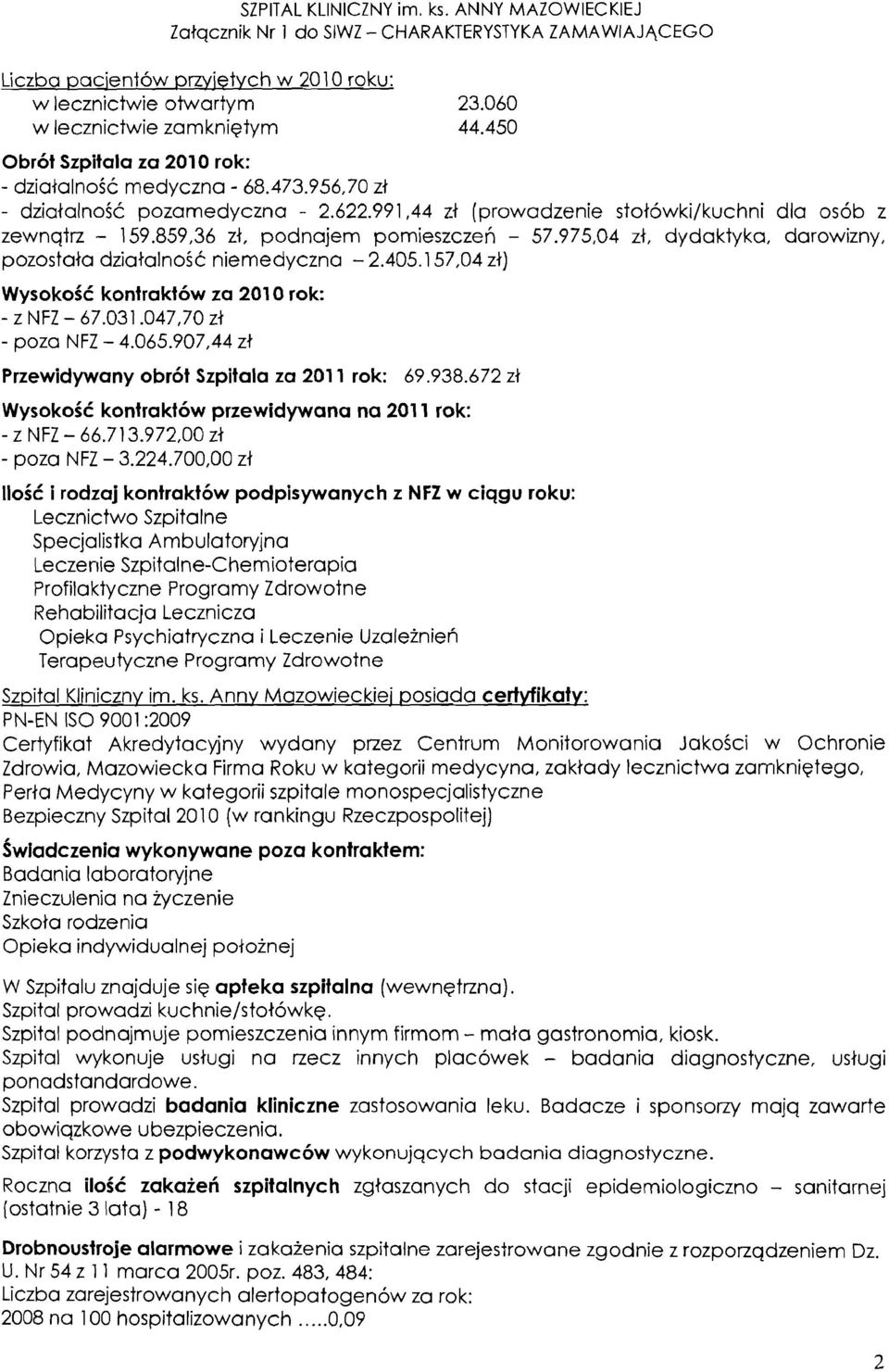 859,36 zt, podnajem pomieszczeh - 57.975,04 zt, dydaktyka, darowizny, pozostata dziatalnosc: niemedyczna - 2.405. 57,04 zt) WysokoiC kontrakt6w za 200 rok: - z NFZ - 67.03.047,70 zt - poza NFZ - 4.