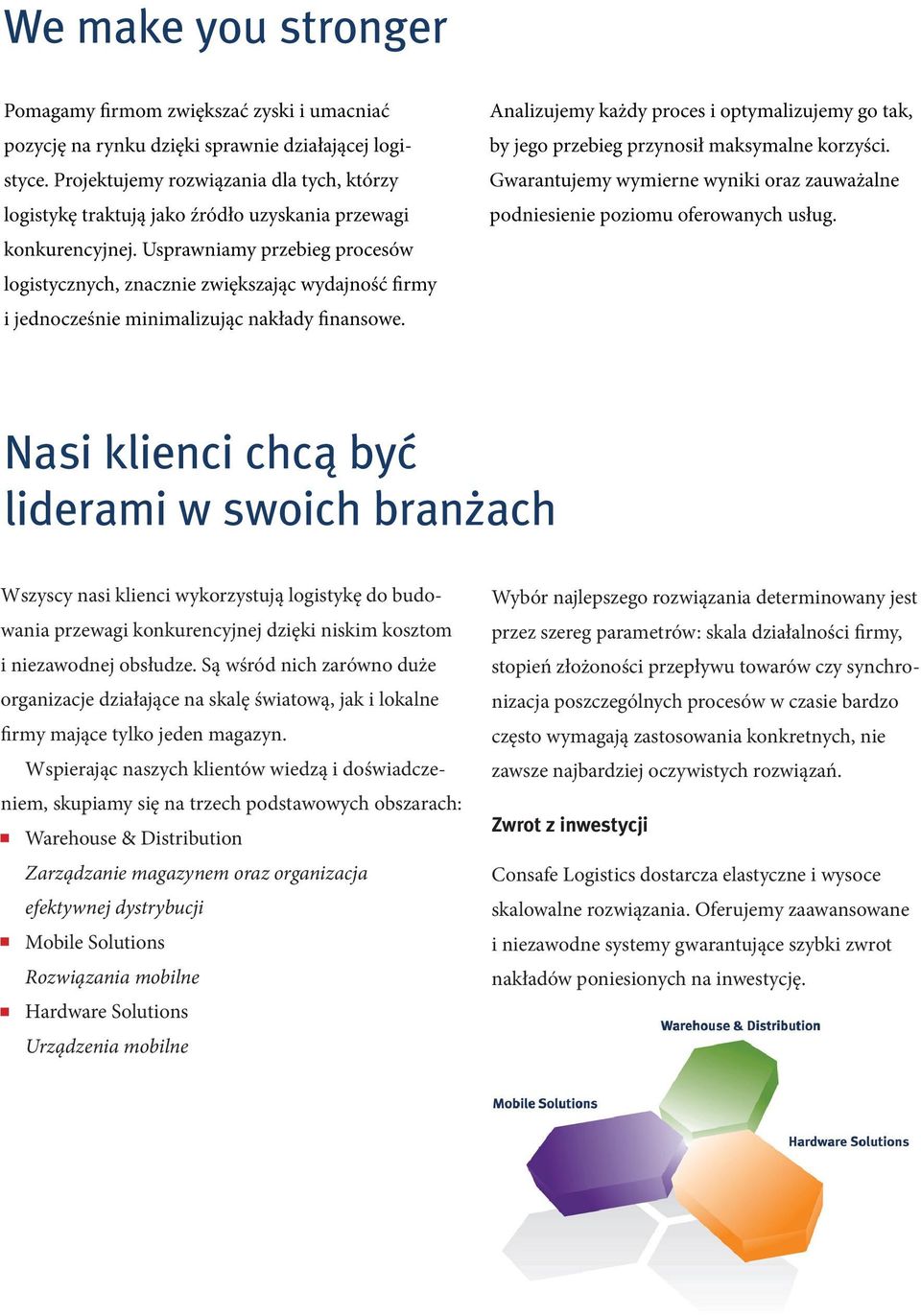 Wspierając naszych klientów wiedzą i doświadczeniem, skupiamy się na trzech podstawowych obszarach: Warehouse & Distribution Zarządzanie magazynem oraz organizacja efektywnej dystrybucji Mobile