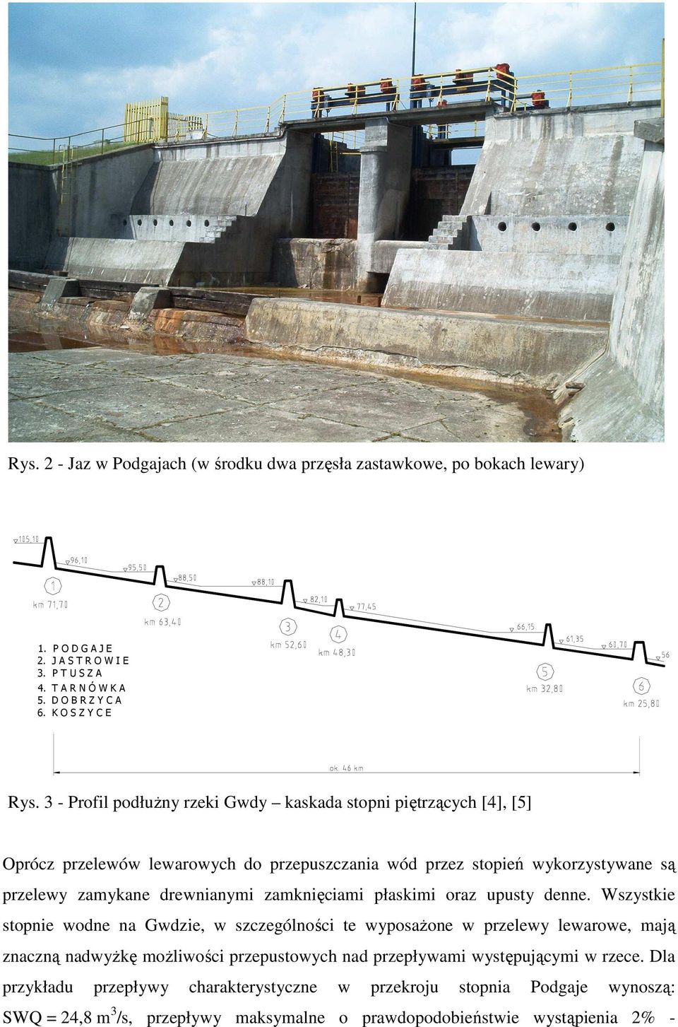 3 - Profil podłuŝny rzeki Gwdy kaskada stopni piętrzących [4], [5] Oprócz przelewów lewarowych do przepuszczania wód przez stopień wykorzystywane są przelewy zamykane drewnianymi