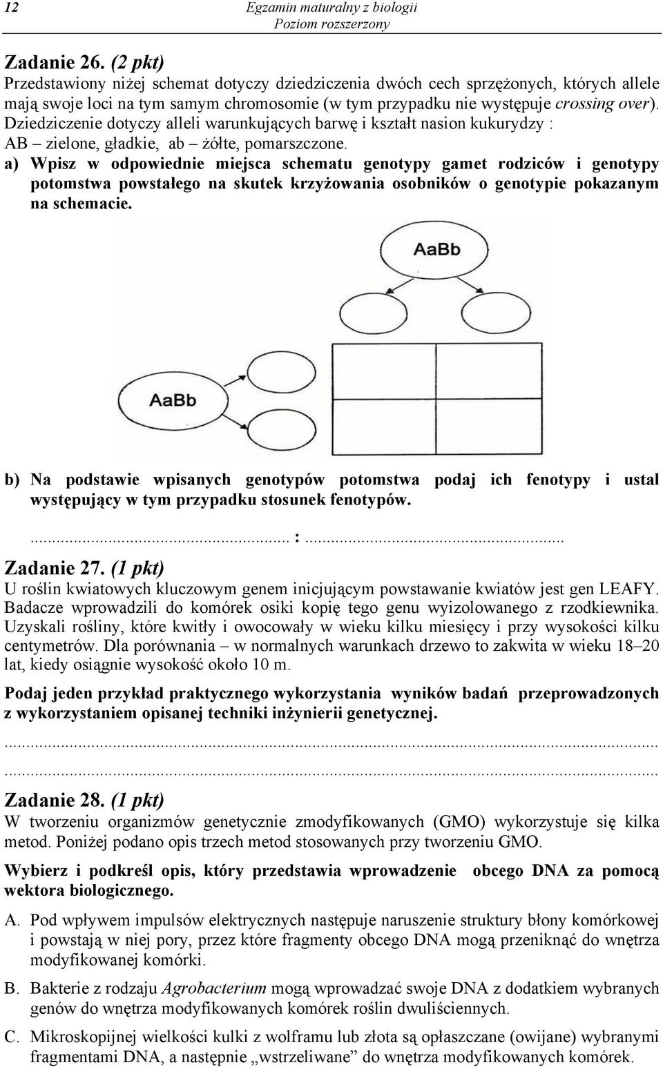 Dziedziczenie dotyczy alleli warunkujących barwę i kształt nasion kukurydzy : AB zielone, gładkie, ab żółte, pomarszczone.