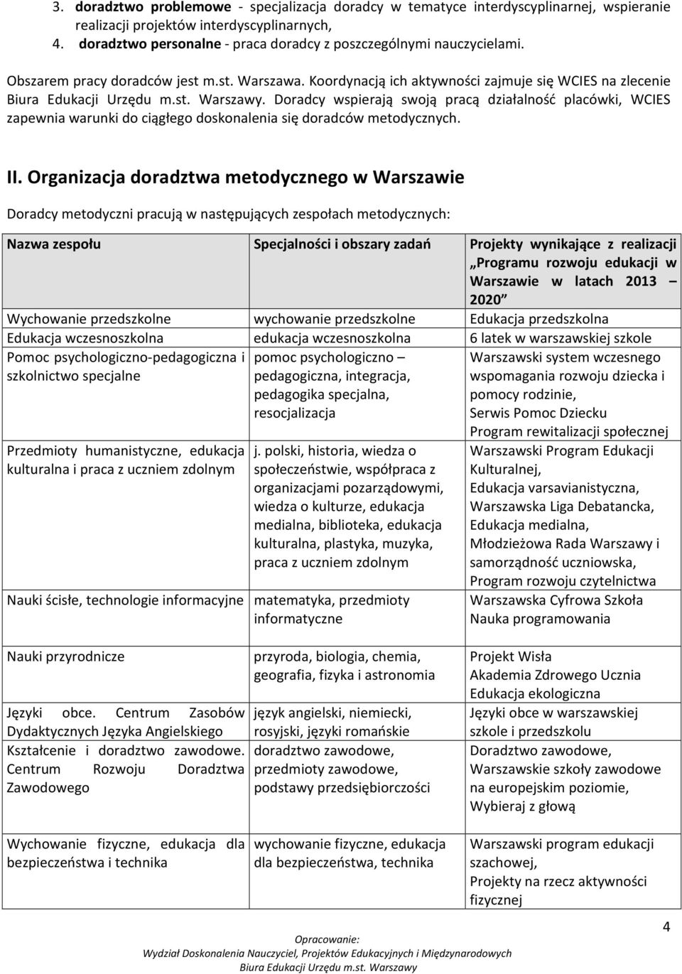 Doradcy wspierają swoją pracą działalność placówki, WCIES zapewnia warunki do ciągłego doskonalenia się doradców metodycznych. II.
