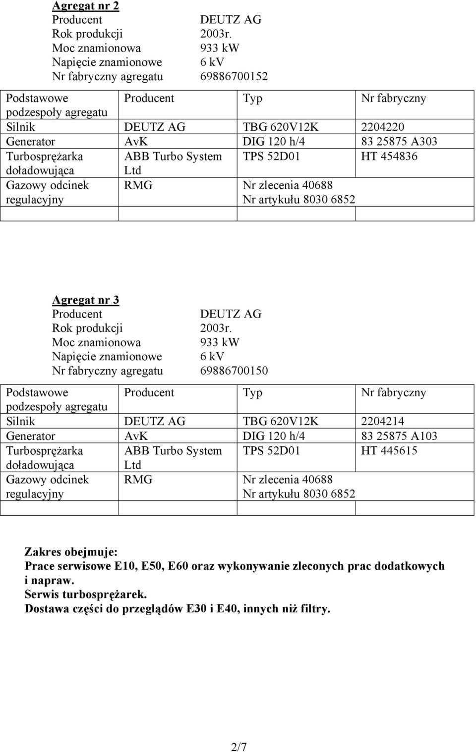 h/4 83 25875 A303 Turbosprężarka ABB Turbo System TPS 52D01 HT 454836 doładowująca Ltd Gazowy odcinek regulacyjny RMG Nr zlecenia 40688 Nr artykułu 8030 6852 Agregat nr 3 Producent DEUTZ AG Rok