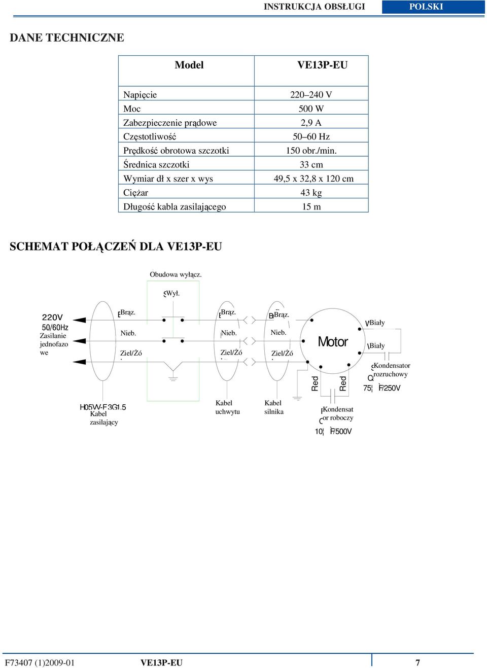 Zasilanie jednofazo we Brown Brąz. Nieb. Blue Ziel/Żó G/Y ł. Brown Brąz. Blue Nieb. Ziel/Żó G/Y ł. Brown Brąz. Brąz. Blue Nieb. Ziel/Żó G/Y ł. Motor Red Red White Biały Brąz.