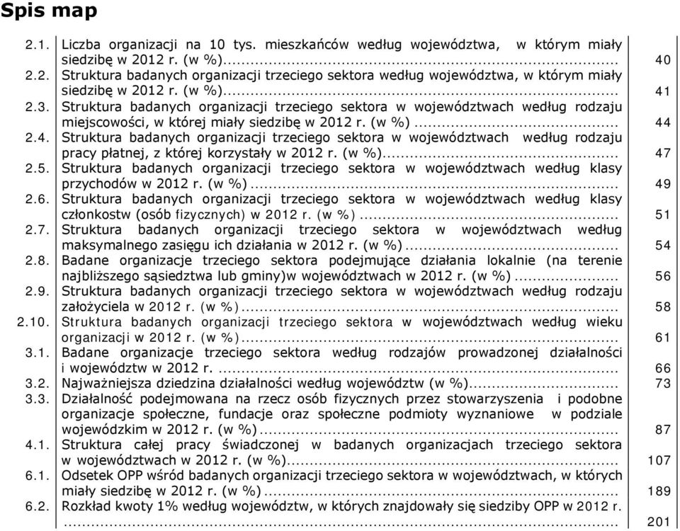 (w %)... 47 2.5. Struktura badanych organizacji trzeciego sektora w województwach według klasy przychodów w 2012 r. (w %)... 49 2.6.