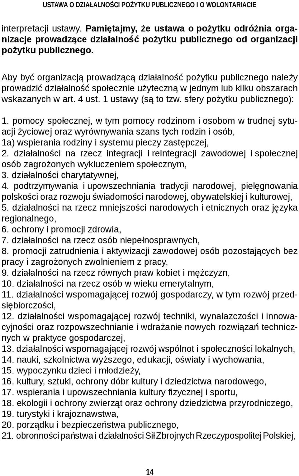 Aby być organizacją prowadzącą działalność pożytku publicznego należy prowadzić działalność społecznie użyteczną w jednym lub kilku obszarach wskazanych w art. 4 ust. 1 ustawy (są to tzw.