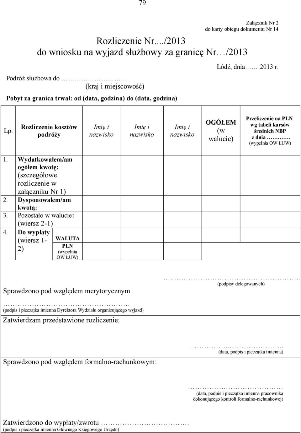 Rozliczenie kosztów podróży Imię i nazwisko Imię i nazwisko Imię i nazwisko OGÓŁEM (w walucie) Przeliczenie na PLN wg tabeli kursów średnich NBP z dnia. (wypełnia OW ŁUW) 1.
