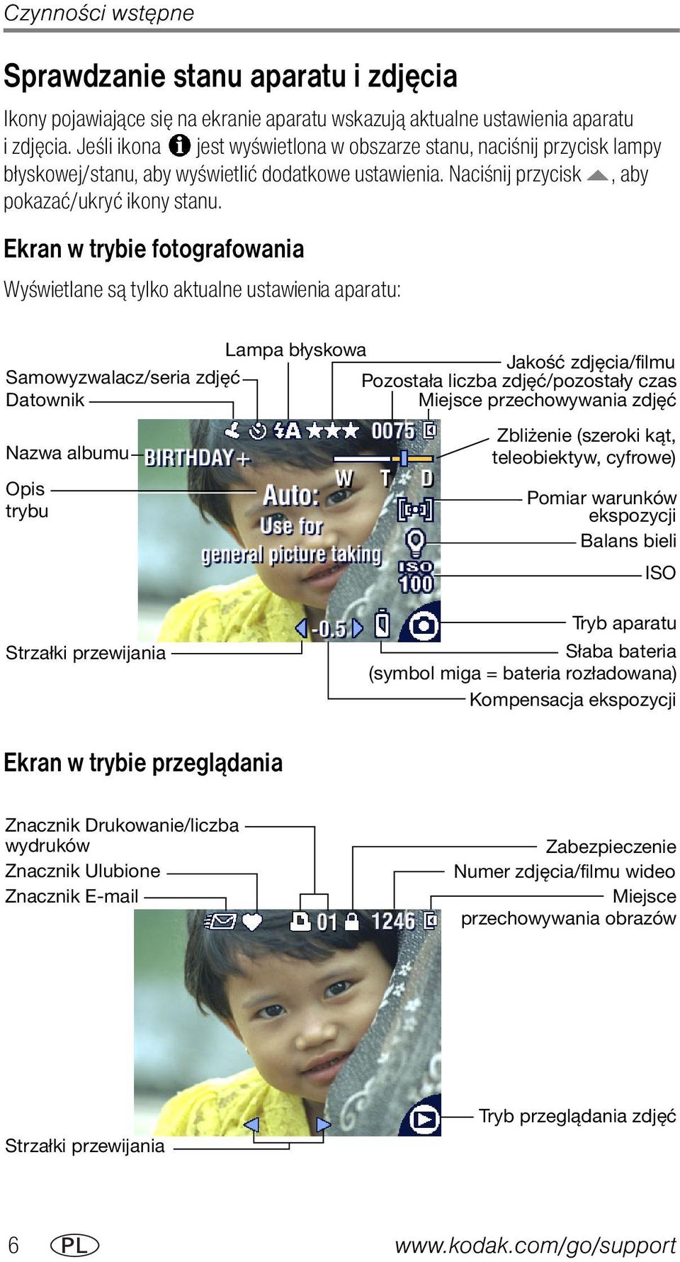 Ekran w trybie fotografowania Wyświetlane są tylko aktualne ustawienia aparatu: Samowyzwalacz/seria zdjęć Datownik Nazwa albumu Opis trybu Lampa błyskowa Jakość zdjęcia/filmu Pozostała liczba
