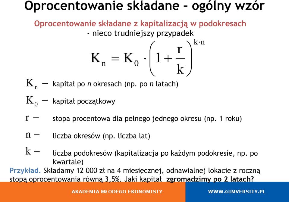 1 roku) liczba okresów (np. liczba lat) n K 1 0 kn liczba podokresów (kapitalizacja po każdym podokresie, np.