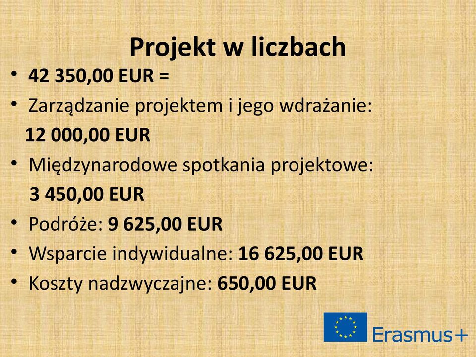 projektowe: 3 450,00 EUR Podróże: 9 625,00 EUR Wsparcie