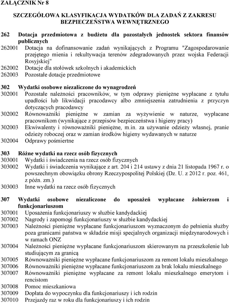 szkolnych i akademickich 262003 Pozostałe dotacje przedmiotowe 302 Wydatki osobowe niezaliczone do wynagrodzeń 302001 Pozostałe należności pracowników, w tym odprawy pieniężne wypłacane z tytułu