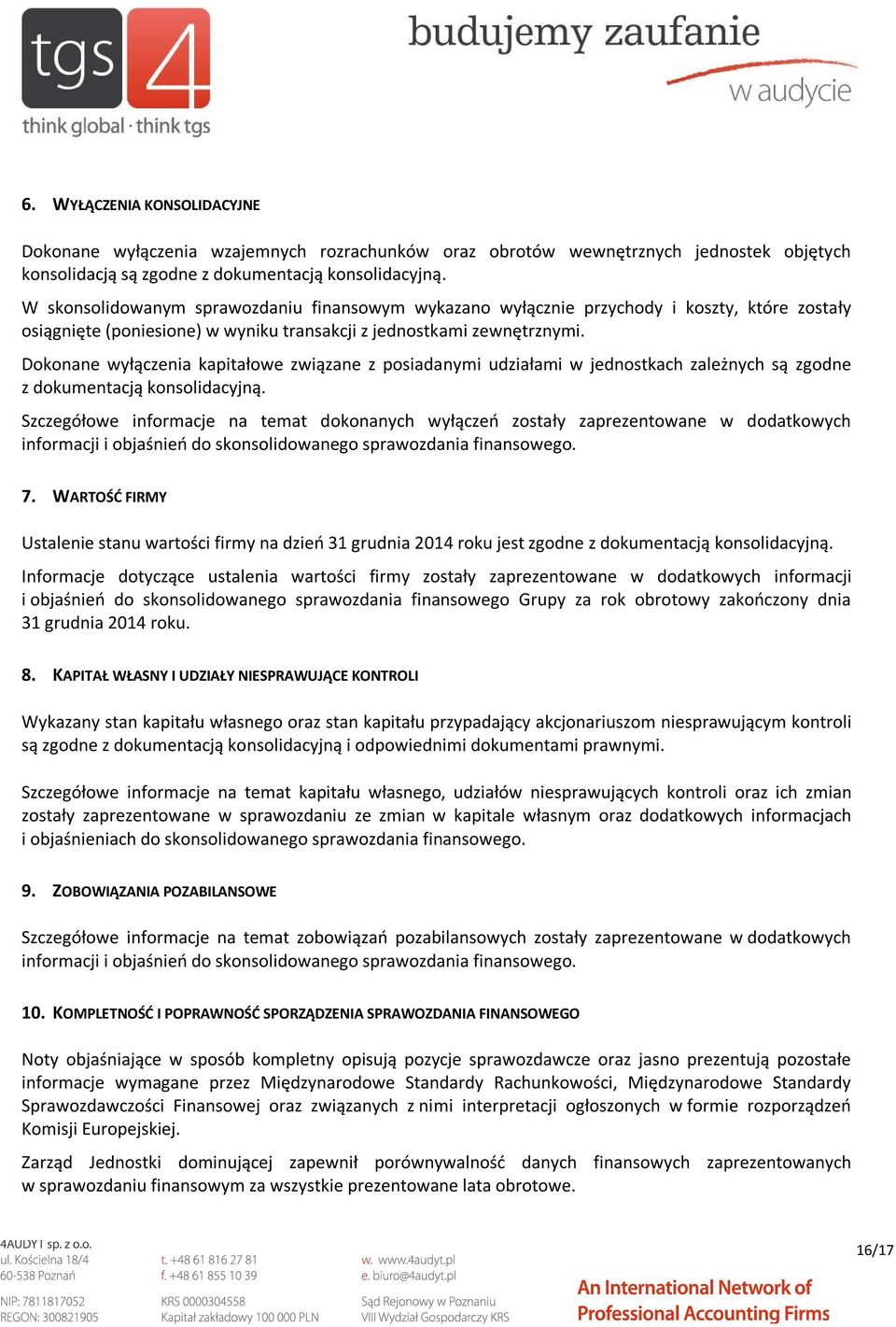 Dokonane wyłączenia kapitałowe związane z posiadanymi udziałami w jednostkach zależnych są zgodne z dokumentacją konsolidacyjną.