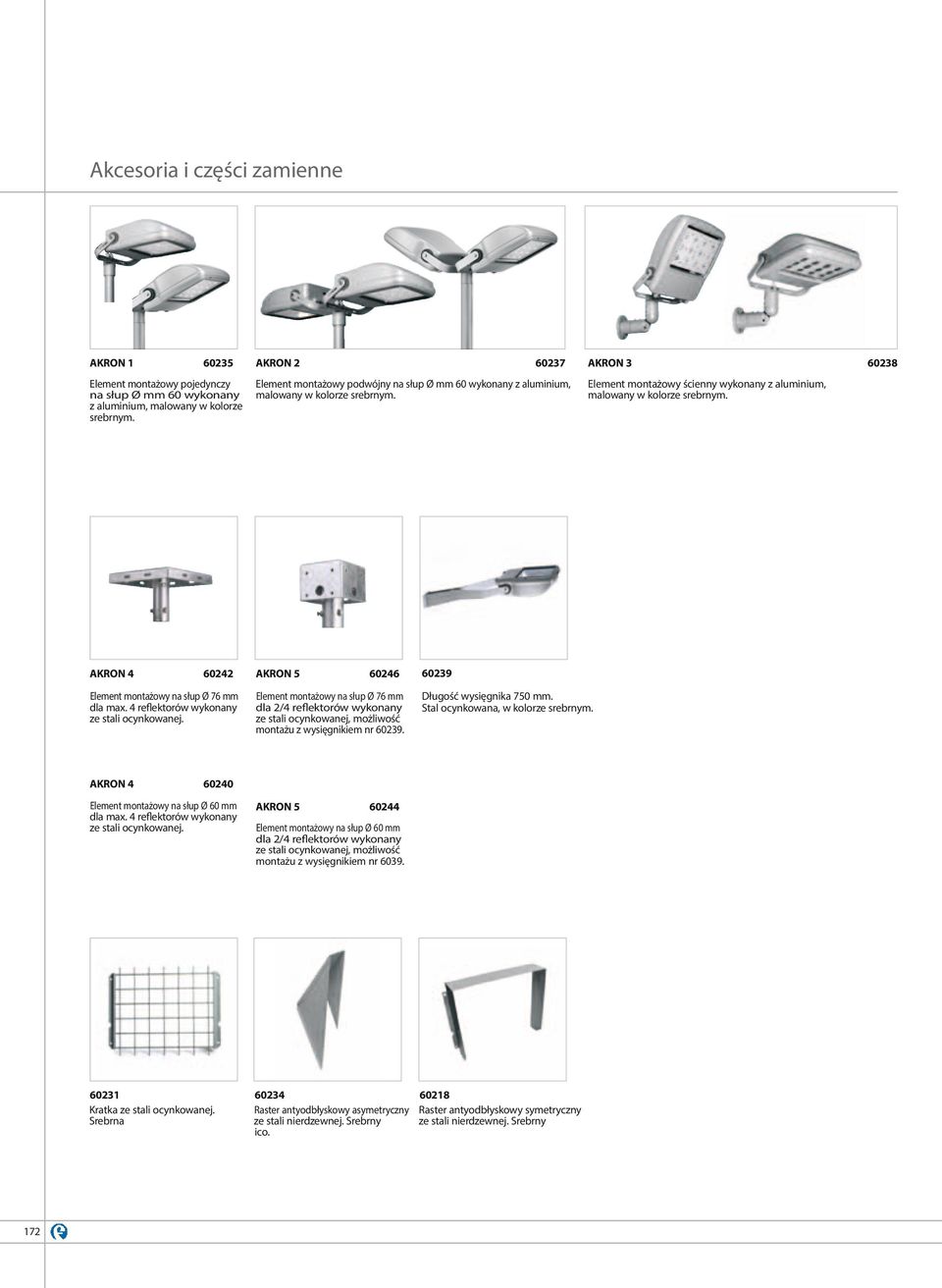 AKRON 4 6246 Element montażowy na słup Ø 76 mm dla 2/4 re ektorów wykonany ze stali ocynkowanej, możliwość montażu z wysięgnikiem nr 6239. 623 Kratka ze stali ocynkowanej.