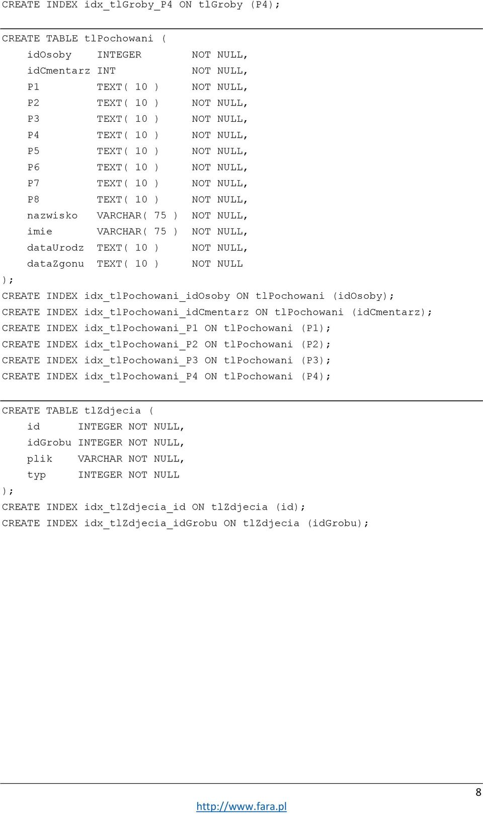 idx_tlpochowani_idcmentarz ON tlpochowani (idcmentarz); CREATE INDEX idx_tlpochowani_p1 ON tlpochowani (P1); CREATE INDEX idx_tlpochowani_ ON tlpochowani (); CREATE INDEX idx_tlpochowani_p3 ON