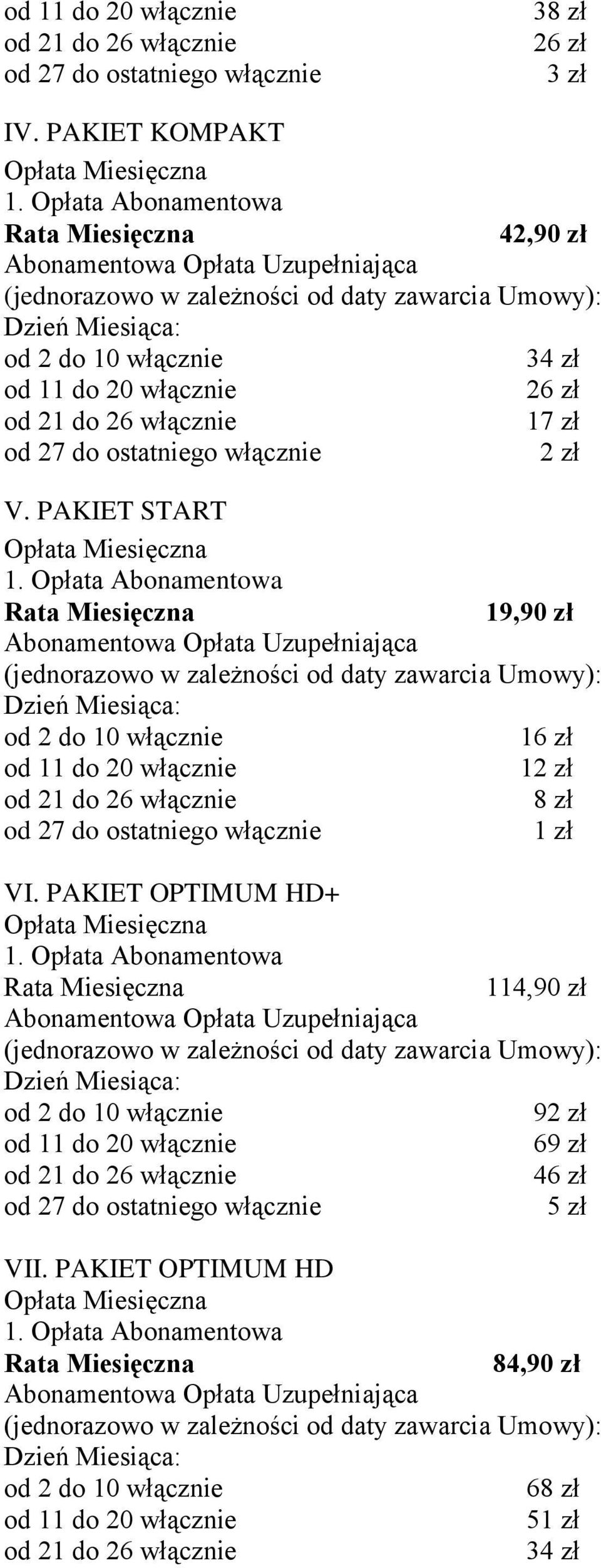 PAKIET START 19,90 zł 16 zł 12 zł 8 zł 1 zł VI.