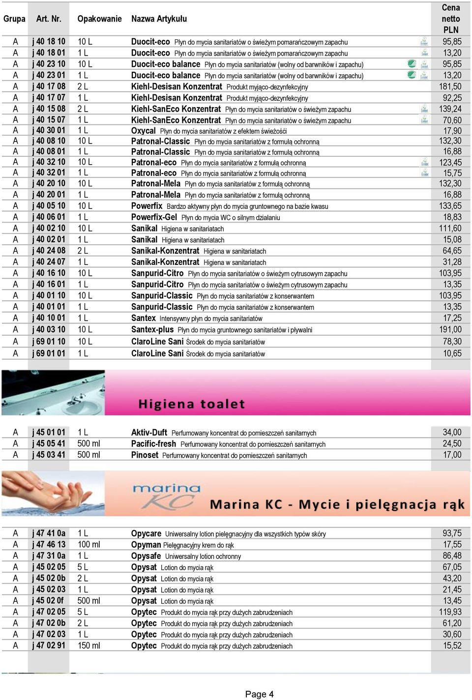 08 2 L Kiehl-Desisan Konzentrat Produkt myjąco-dezynfekcyjny 181,50 A j 40 17 07 1 L Kiehl-Desisan Konzentrat Produkt myjąco-dezynfekcyjny 92,25 A j 40 15 08 2 L Kiehl-SanEco Konzentrat Płyn do mycia