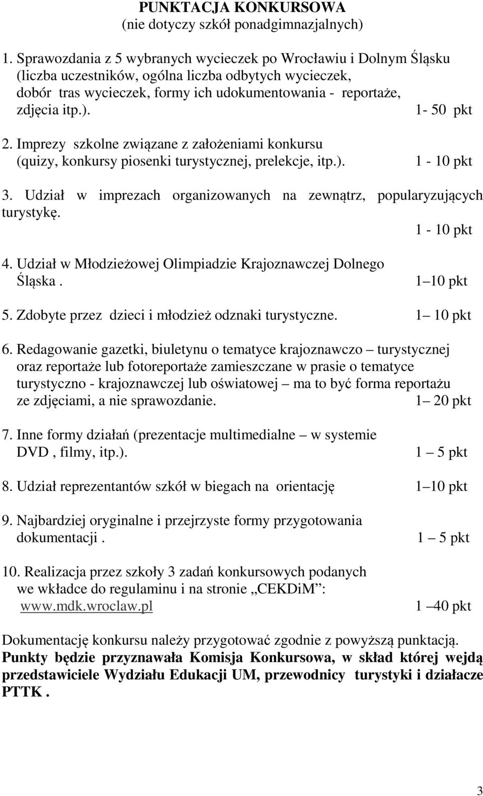 1-50 pkt 2. Imprezy szkolne związane z założeniami konkursu (quizy, konkursy piosenki turystycznej, prelekcje, itp.). 1-10 pkt 3.