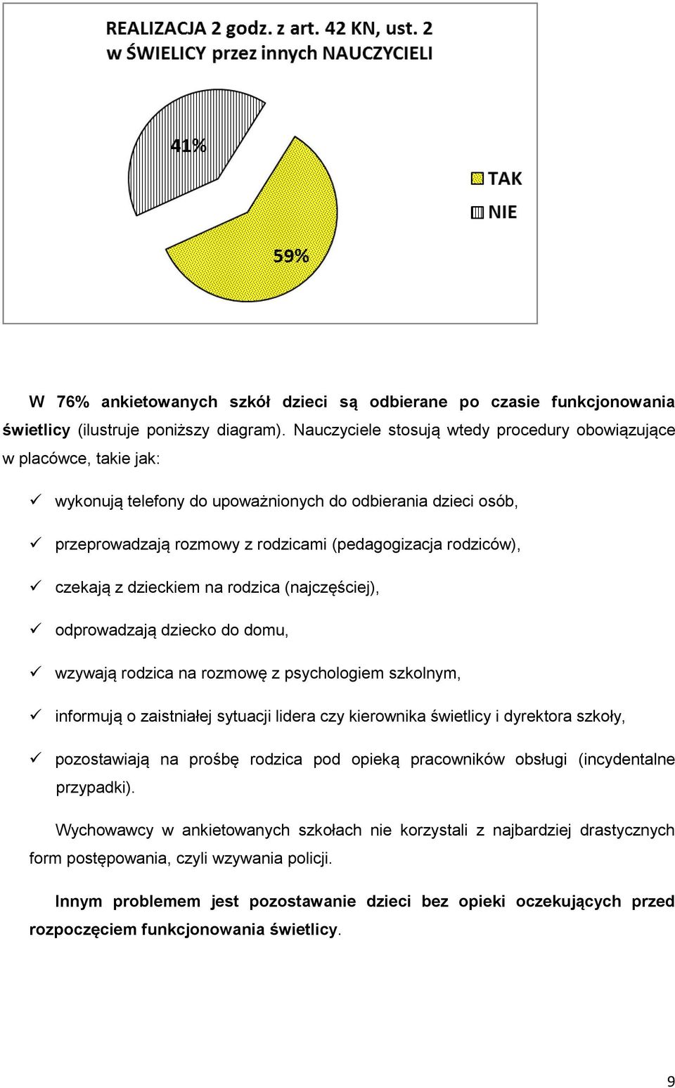 czekają z dzieckiem na rodzica (najczęściej), odprowadzają dziecko do domu, wzywają rodzica na rozmowę z psychologiem szkolnym, informują o zaistniałej sytuacji lidera czy kierownika świetlicy i