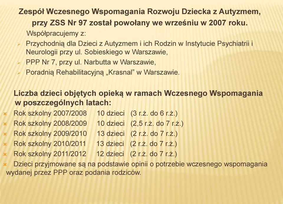 Narbutta w Warszawie, Poradnią Rehabilitacyjną Krasnal w Warszawie. Liczba dzieci objętych opieką w ramach Wczesnego Wspomagania w poszczególnych latach: Rok szkolny 2007/2008 10 dzieci (3 r.ż.