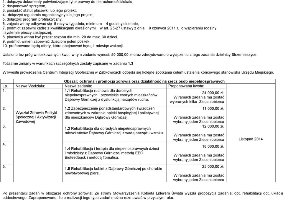 o wspieraniu rodziny i systemie pieczy zastępczej, 8. placówka winna być przeznaczona dla min. 20 do max. 30 dzieci. 9. podmiot winien zapewnić dzieciom jeden posiłek, 10.