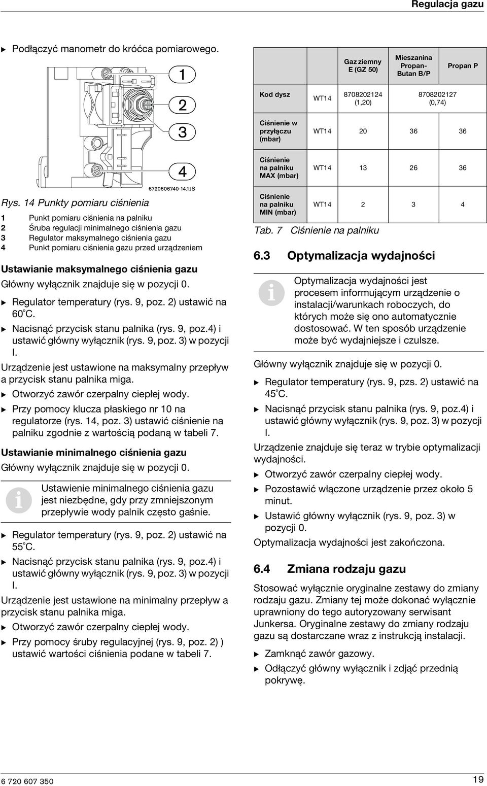 14 Punkty pomaru cśnena 1 Punkt pomaru cśnena na palnku 2 Śruba regulacj mnmalnego cśnena gazu 3 Regulator maksymalnego cśnena gazu 4 Punkt pomaru cśnena gazu przed urządzenem Ustawane maksymalnego