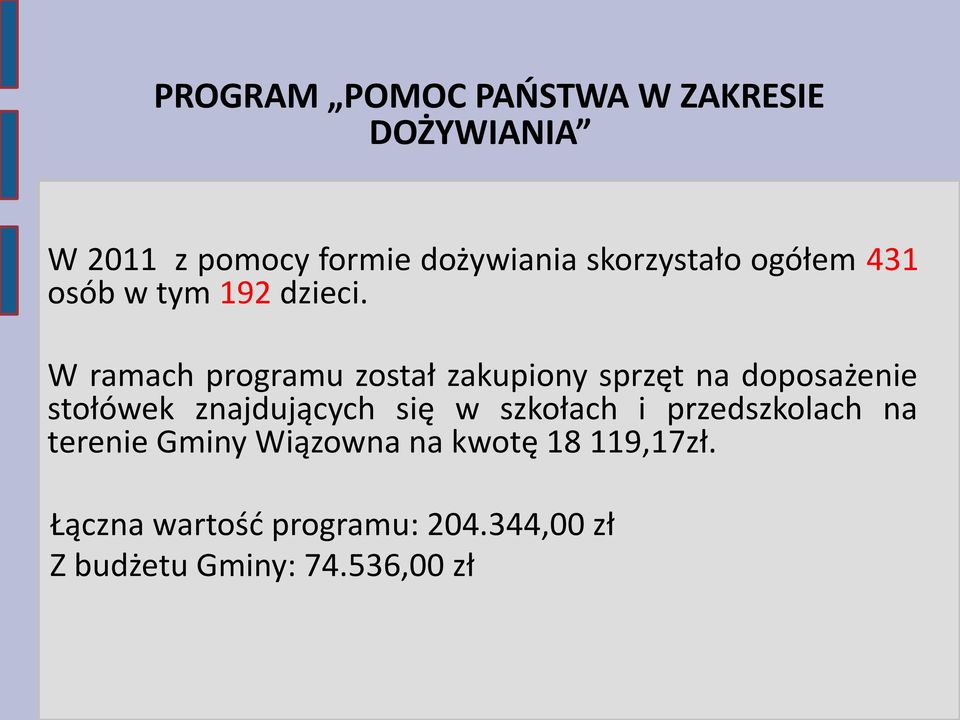 W ramach programu został zakupiony sprzęt na doposażenie stołówek znajdujących się w