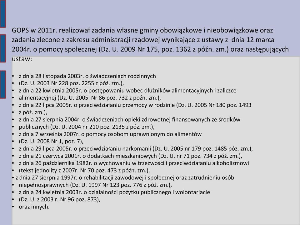 o postępowaniu wobec dłużników alimentacyjnych i zaliczce alimentacyjnej (Dz. U. 2005 Nr 86 poz. 732 z poźn. zm.), z dnia 22 lipca 2005r. o przeciwdziałaniu przemocy w rodzinie (Dz. U. 2005 Nr 180 poz.