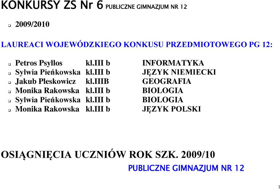 iii b JĘZYK NIEMIECKI Jakub Pleskowicz kl.iiib GEOGRAFIA Monika Rakowska kl.