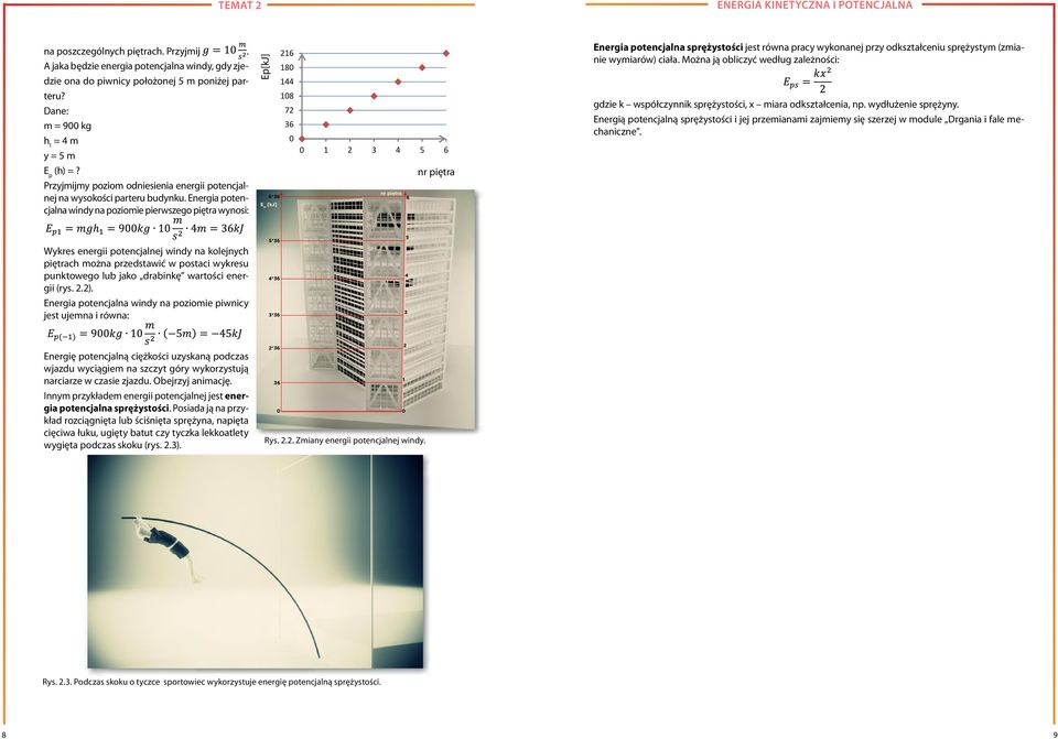 Energia potencjalna windy na poziomie pierwszego piętra wynosi: Ep[kJ] 6*36 E p [kj] 216 180 144 108 72 36 0 0 1 2 3 4 5 6 nr piętra 6 nr piętra Energia potencjalna sprężystości jest równa pracy