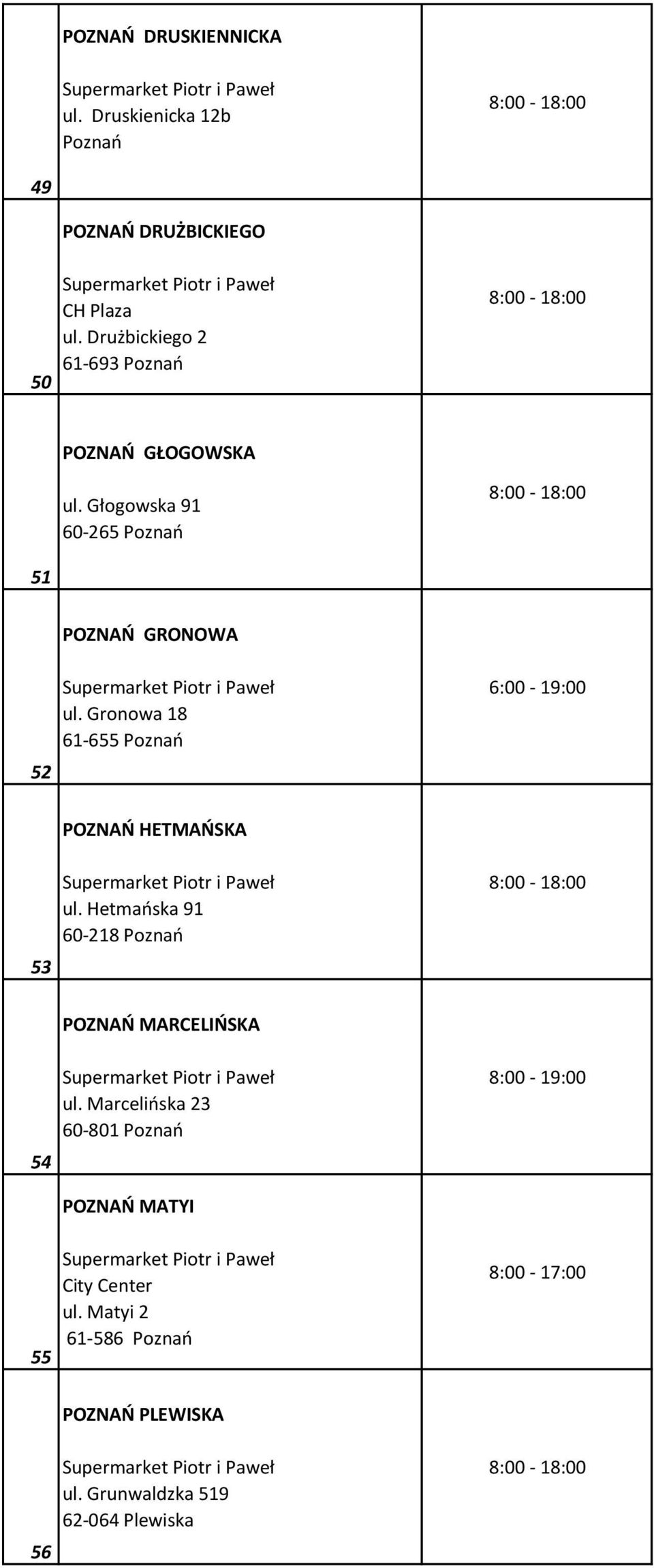 Gronowa 18 61-655 Poznań 6:00-19:00 POZNAŃ HETMAŃSKA 53 ul.