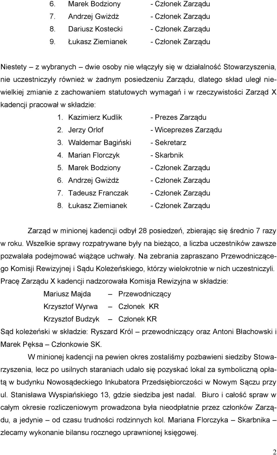niewielkiej zmianie z zachowaniem statutowych wymagań i w rzeczywistości Zarząd X kadencji pracował w składzie: 1. Kazimierz Kudlik - Prezes Zarządu 2. Jerzy Orlof - Wiceprezes Zarządu 3.