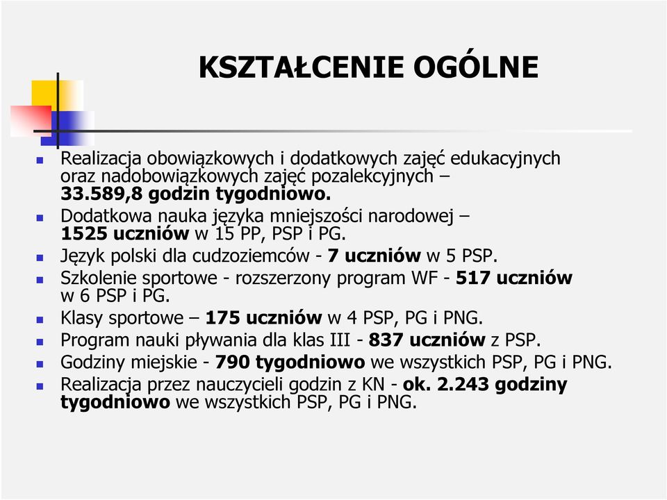 Szkolenie sportowe - rozszerzony program WF -517uczniów w 6 PSP i PG. Klasy sportowe 175 uczniów w 4 PSP, PG i PNG.