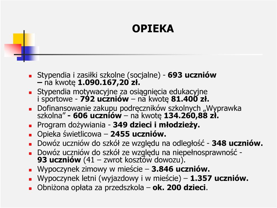 Dofinansowanie zakupu podręczników szkolnych Wyprawka szkolna -606 uczniów na kwotę134.260,88 zł. Program dożywiania - 349 dzieci i młodzieży.