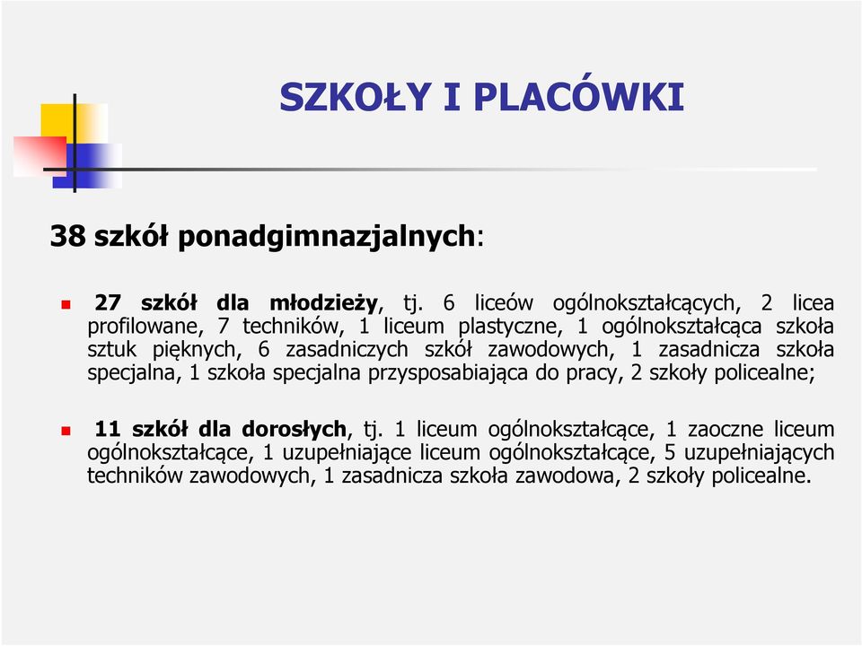 zasadniczych szkół zawodowych, 1 zasadnicza szkoła specjalna, 1 szkoła specjalna przysposabiająca do pracy, 2 szkoły policealne; 11 szkół