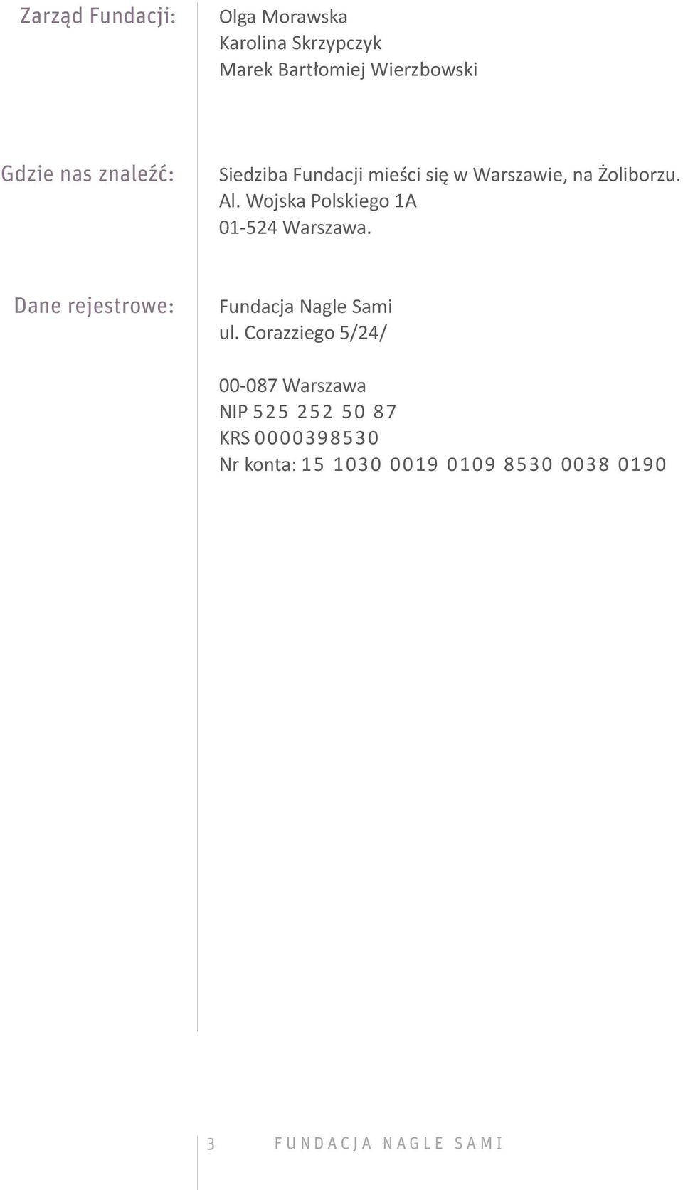 Wojska Polskiego 1A 01-524 Warszawa. Dane rejestrowe: Fundacja Nagle Sami ul.