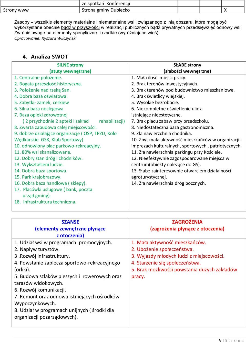 Analiza SWOT SILNE strony (atuty wewnętrzne) 1. Centralne położenie. 2. Bogata przeszłość historyczna. 3. Położenie nad rzeką San. 4. Dobra baza oświatowa. 5. Zabytki- zamek, cerkiew 6.